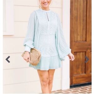 Fate Pleated volume bat wing sleeve lace crochet mini dress pastel mint green